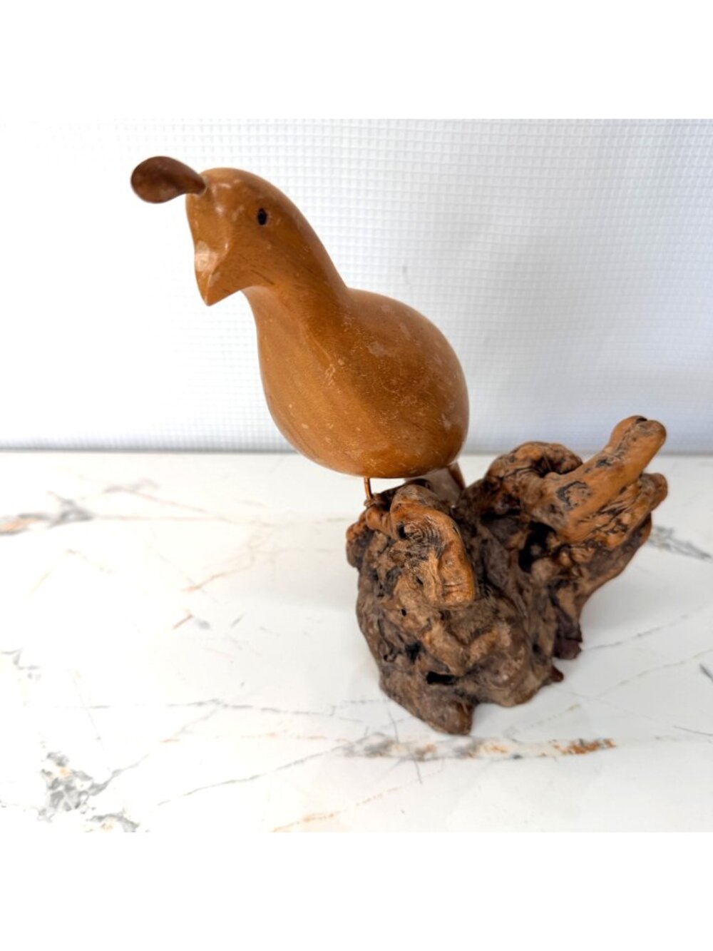 Hand-Carved Wooden Quail Figurine On Natural Burl Wood Base - Rustic Home Décor - Picture 4 of 11
